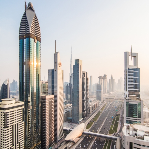 Dubai, UAE – October, 2018. Dubai skyline in sunset time, United Arab Emirates Dubai skyline in sunset time, United Arab Emirates